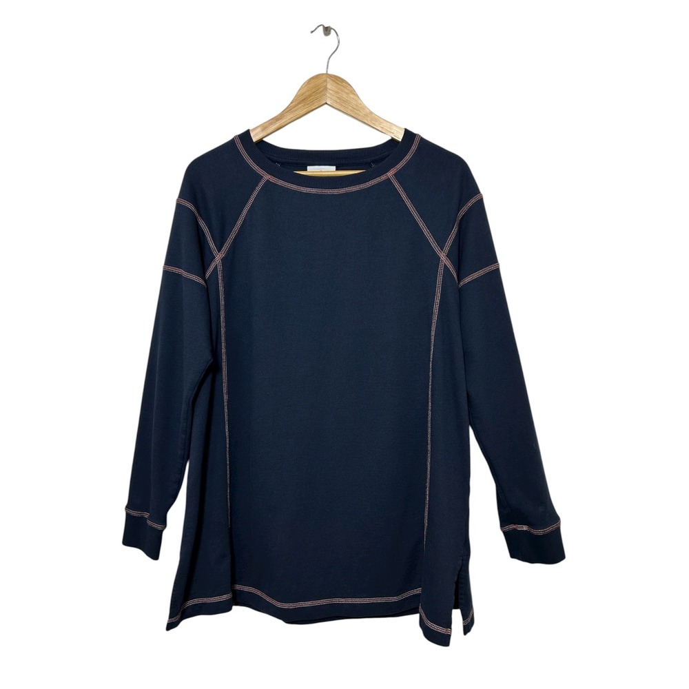J.Jill Fit Cotton Blend Navy With Contrast Stitch Crew Neck Pull On Tunic Top M